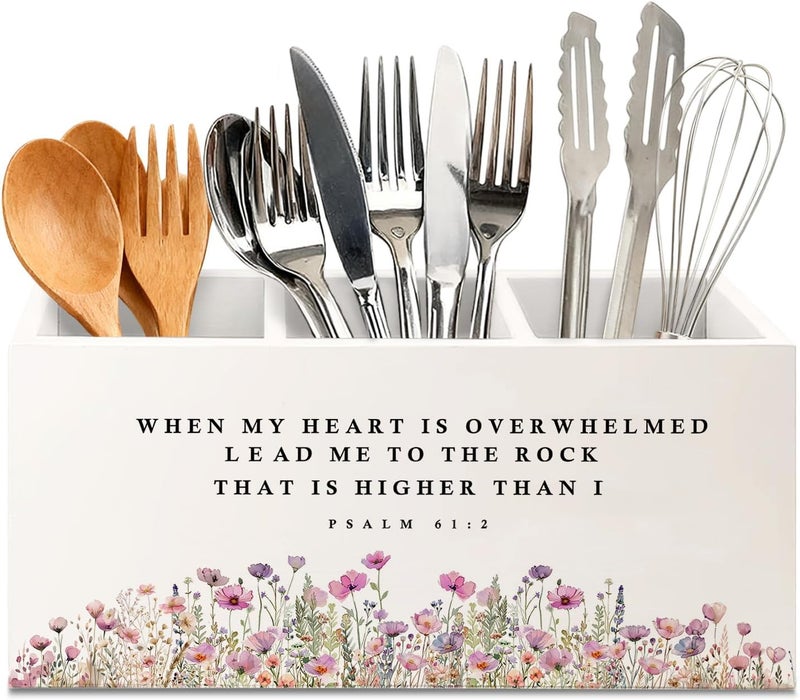 KBRCT Floral Christian Wooden Utensils Holder, Psalm 61 : 2 Bible Verse Religious Wood Cooking Utensil Holder Organizer for Kitchen Countertop Counter Decor Accessories - Image 1
